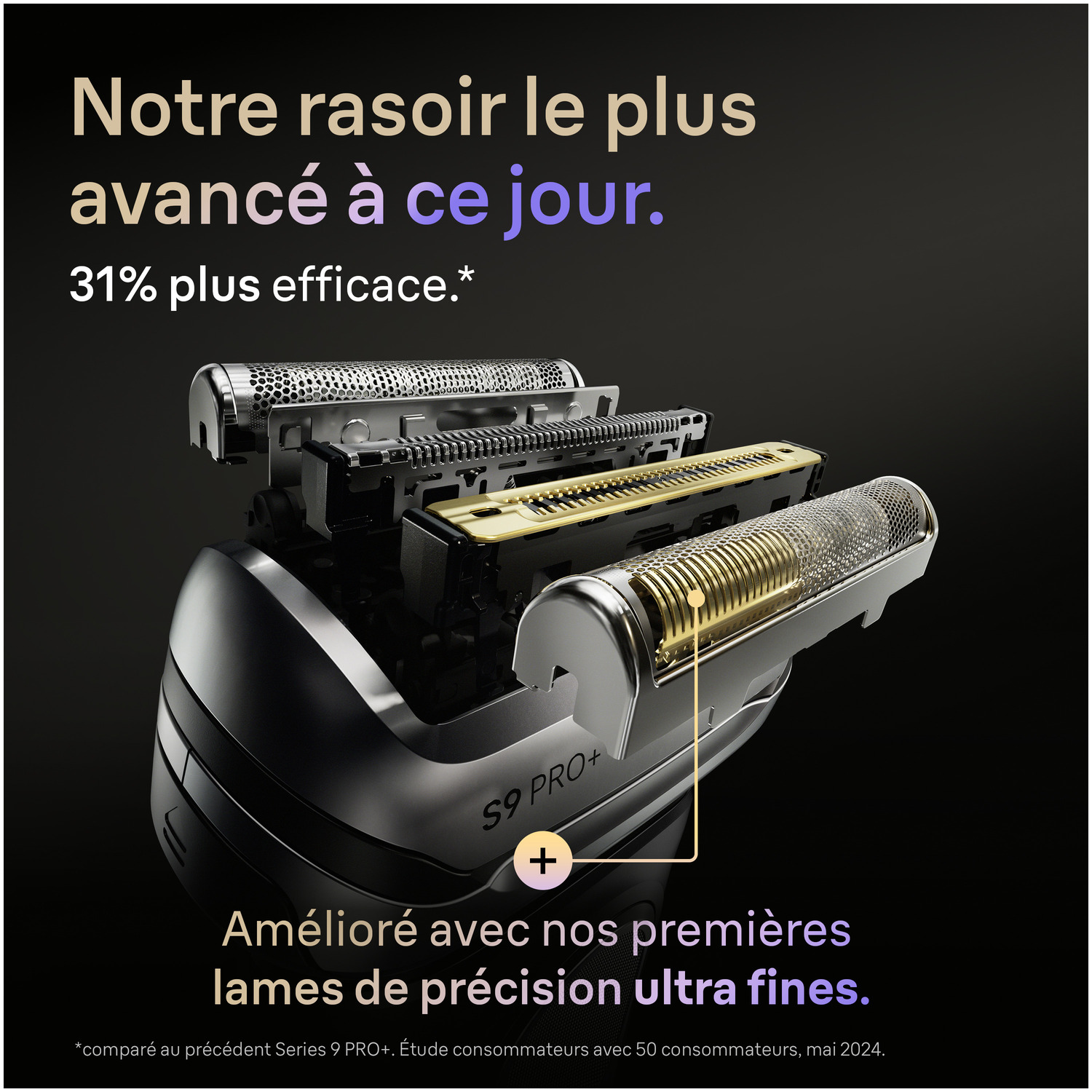 Gros plan d'un rasoir avec lames ouvertes. Texte français souligne les fonctionnalités avancées et la précision améliorée.