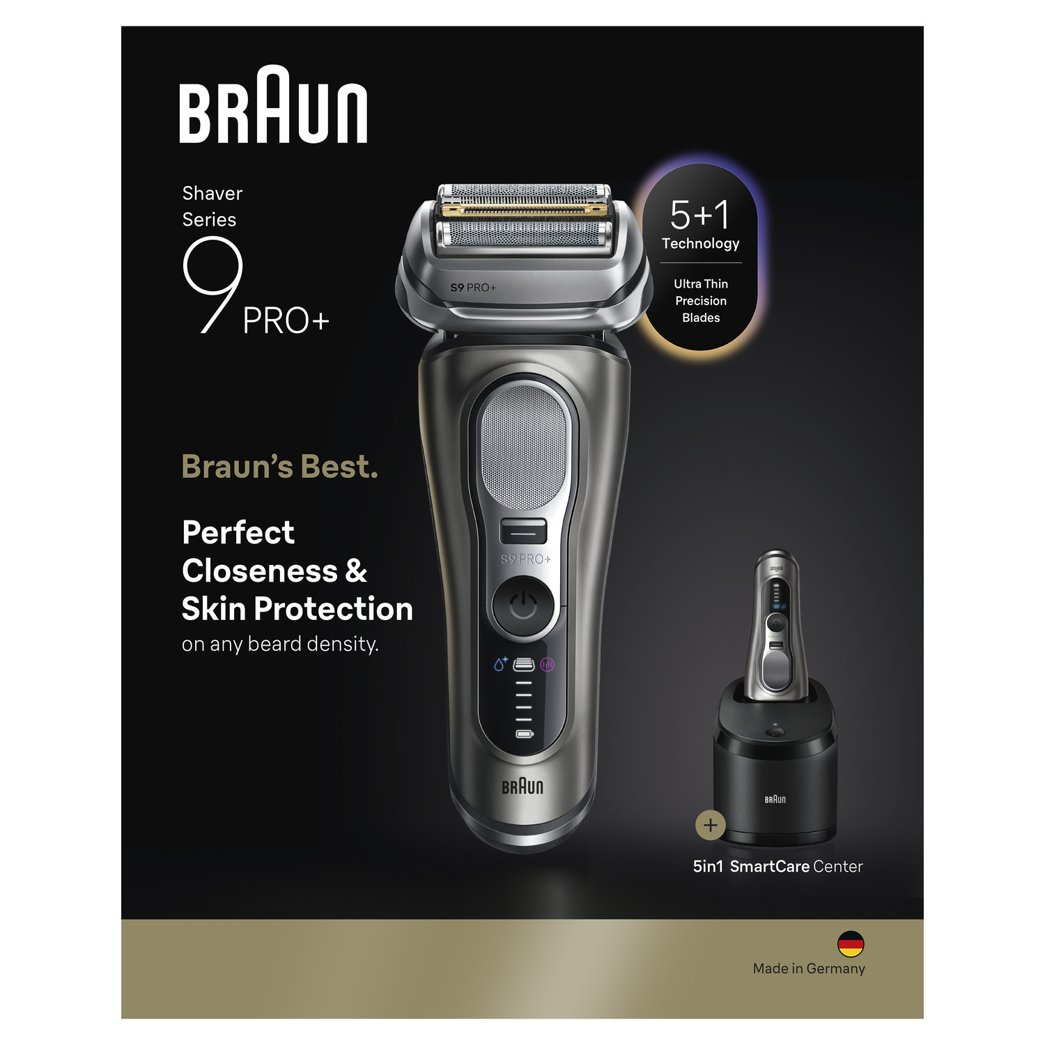 Rasoir Braun Series 9 Pro+ avec 5+1 lames et SmartCare Center. Caractéristiques : rasage de près et protection de la peau. Fabriqué en Allemagne.