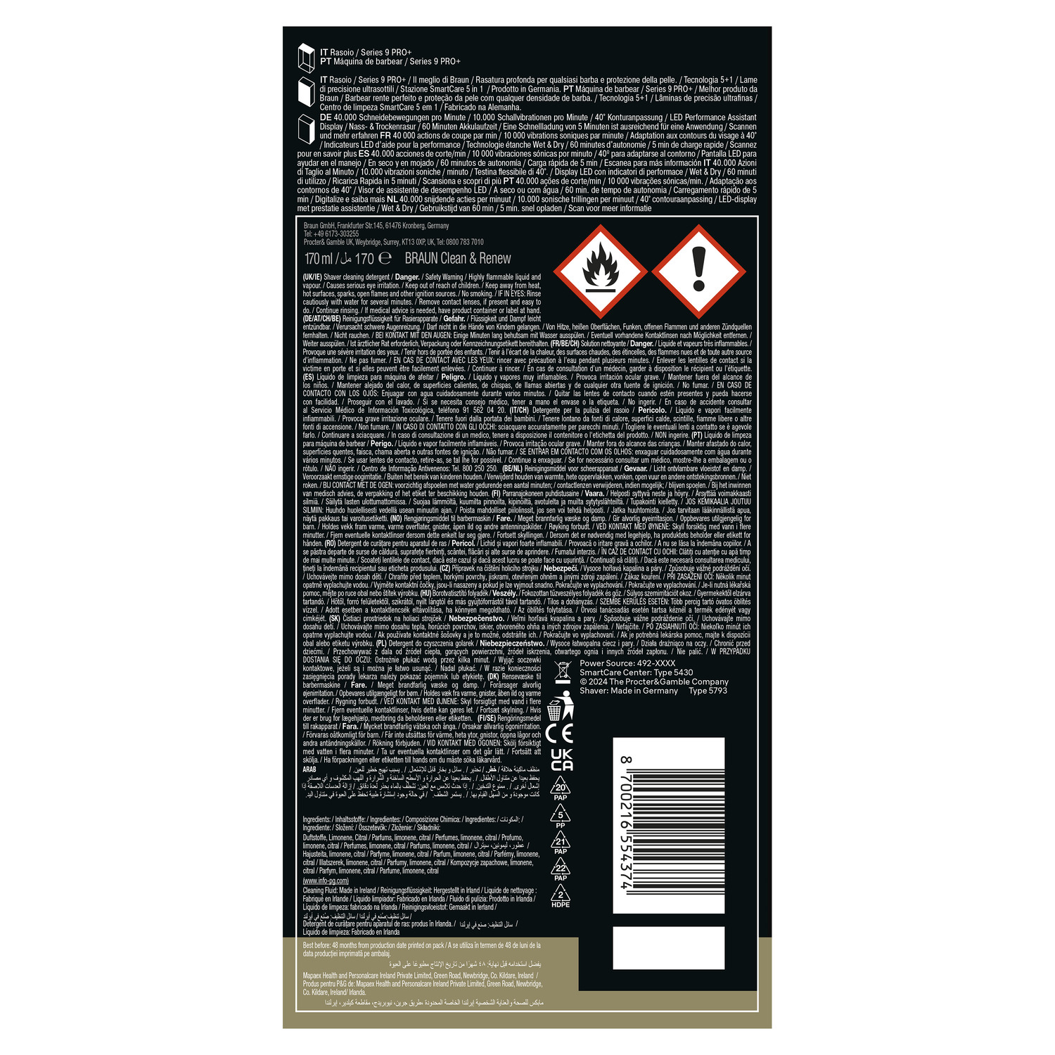 Étiquette d'un produit de rasoir Braun avec avertissements et ingrédients.