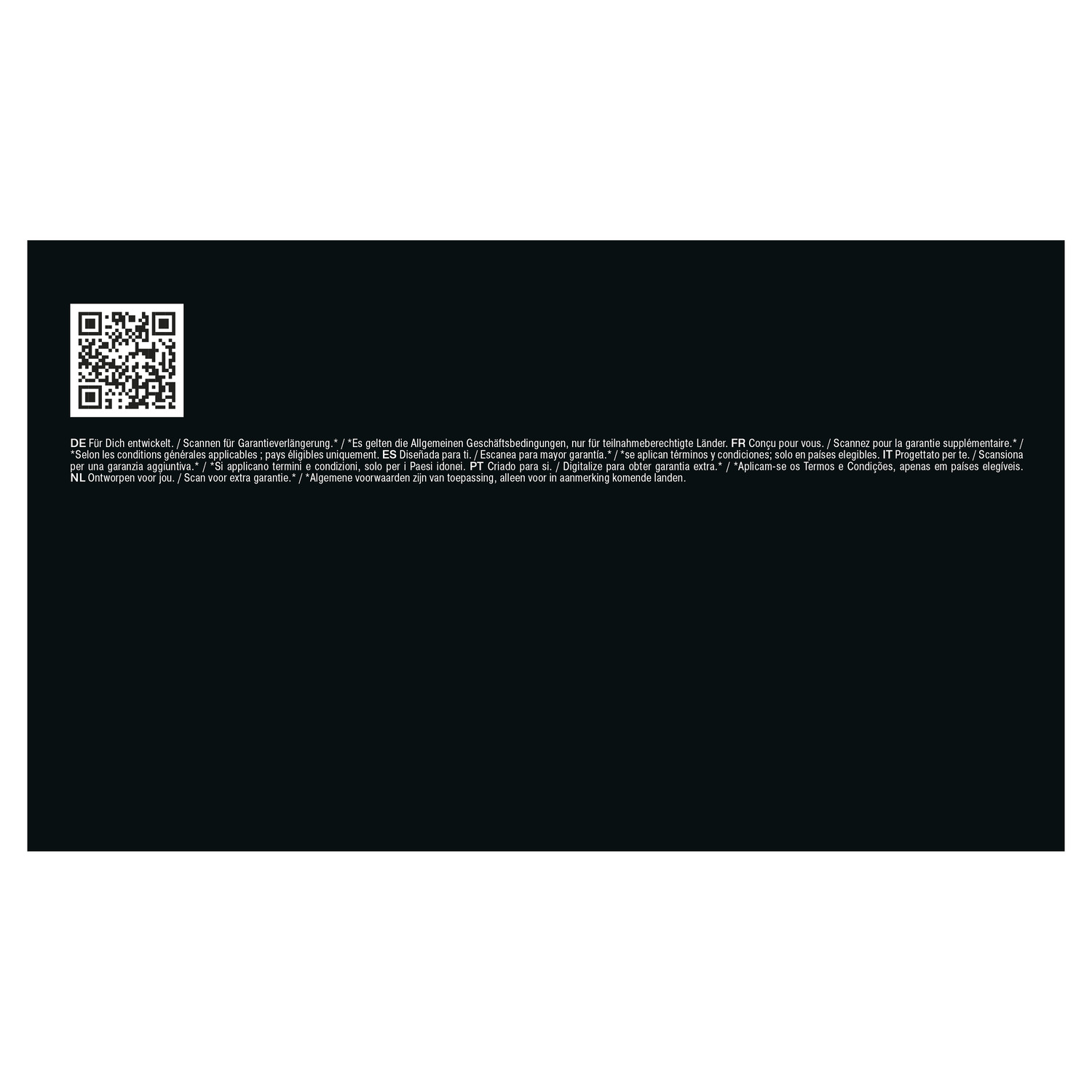 Un code QR dans le coin supérieur gauche, texte en dessous en plusieurs langues, dont l'allemand, le français, l'espagnol et l'italien.