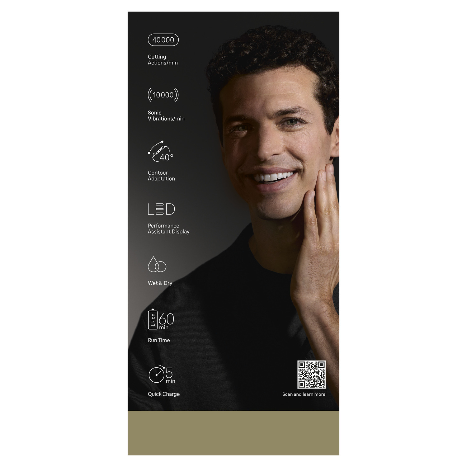 Un homme touche son visage en souriant. Les caractéristiques du produit incluent des actions de coupe, des vibrations soniques, une adaptation du contour, un affichage LED.