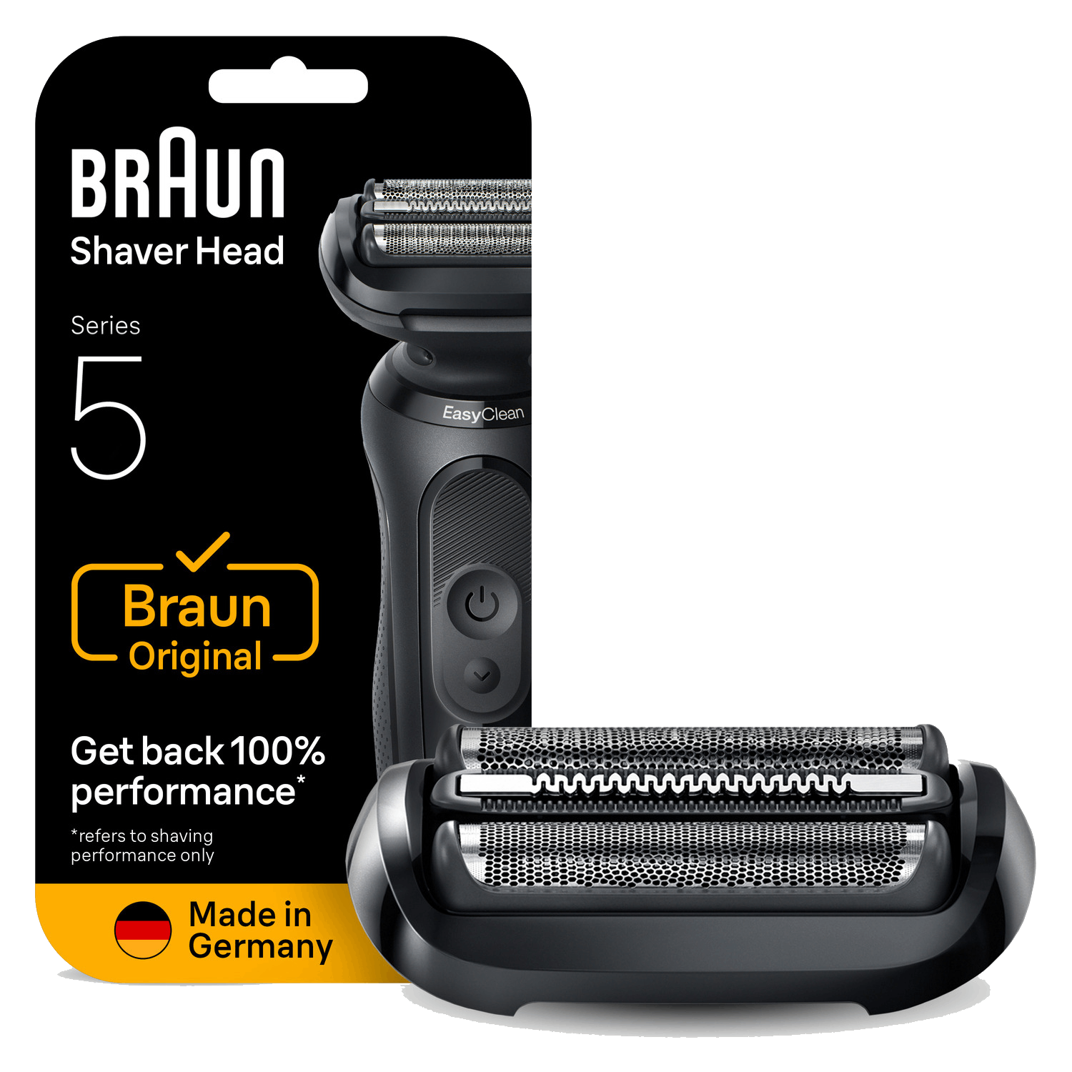 Braun Series 5 scheerkop. Zwart en zilver met branding en tekst. "Made in Germany" en "Get back 100% performance" zijn zichtbaar.