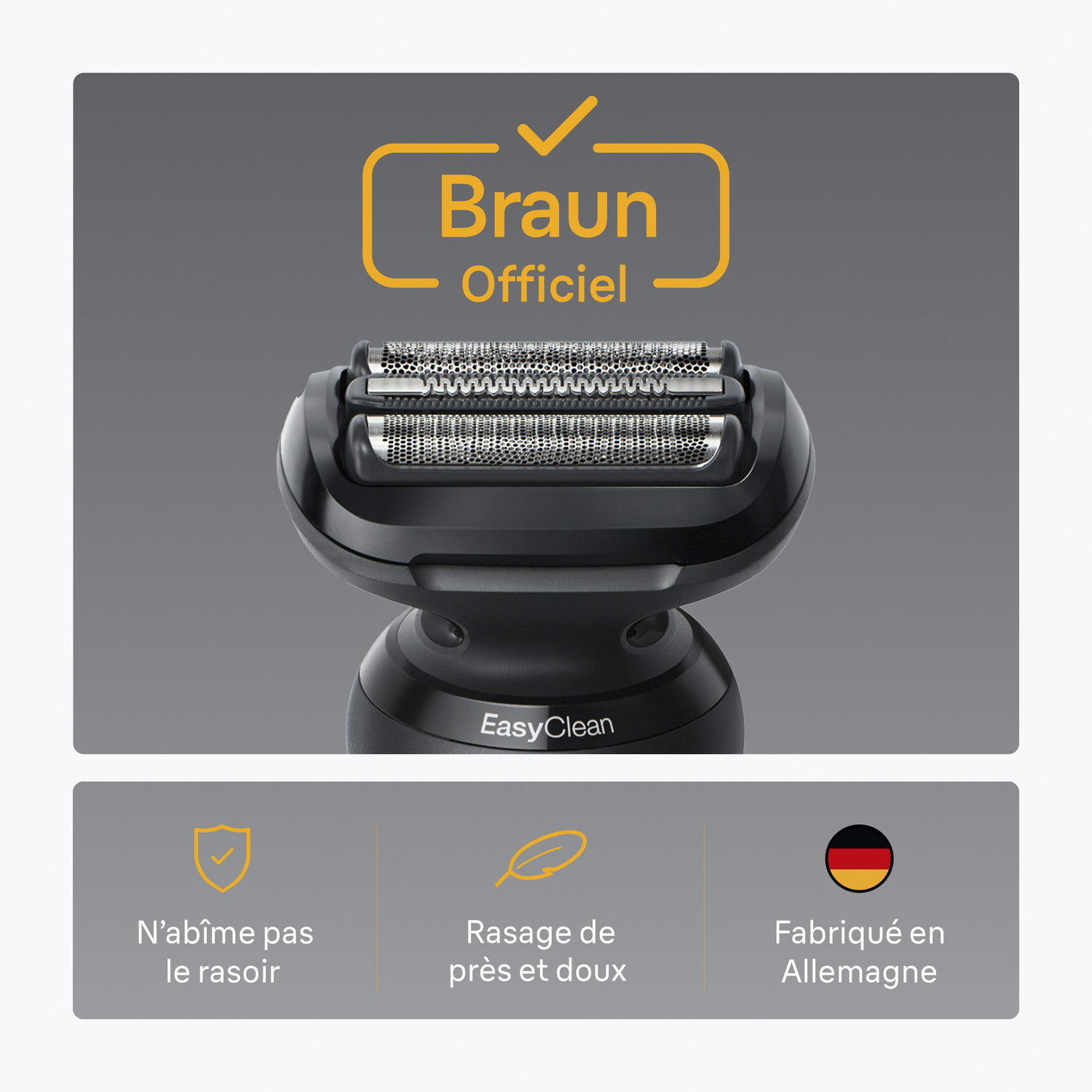 Un rasoir Braun noir avec EasyClean. Le texte dit 'Braun Officiel'. En dessous, des icônes et du texte : 'N'abîme pas le rasoir', 'Rasage de près et doux'.
