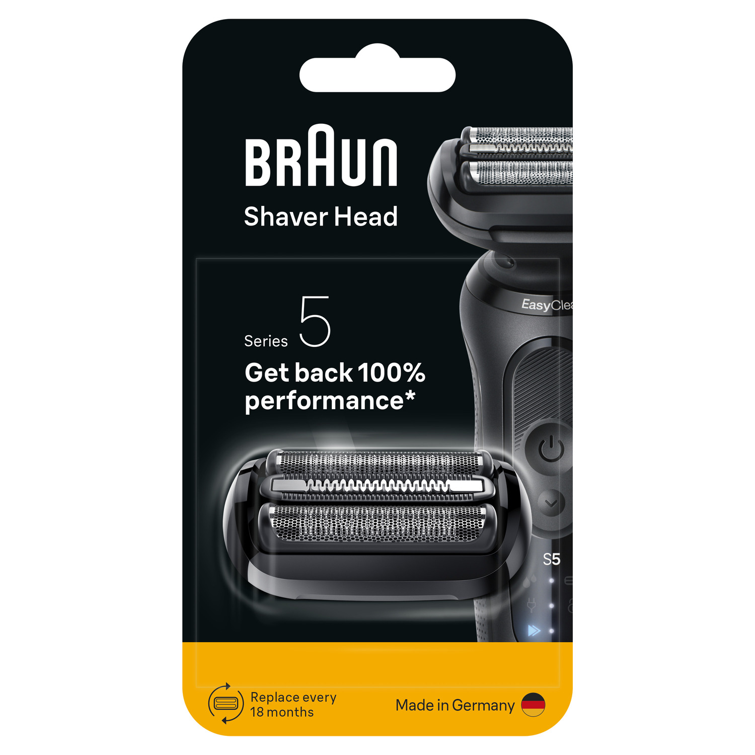 Braun scheerhoofd verpakking. Zwart en wit, met scheerapparaat en tekst: Braun, Serie 5, Krijg 100% prestatie terug, Made in Germany.