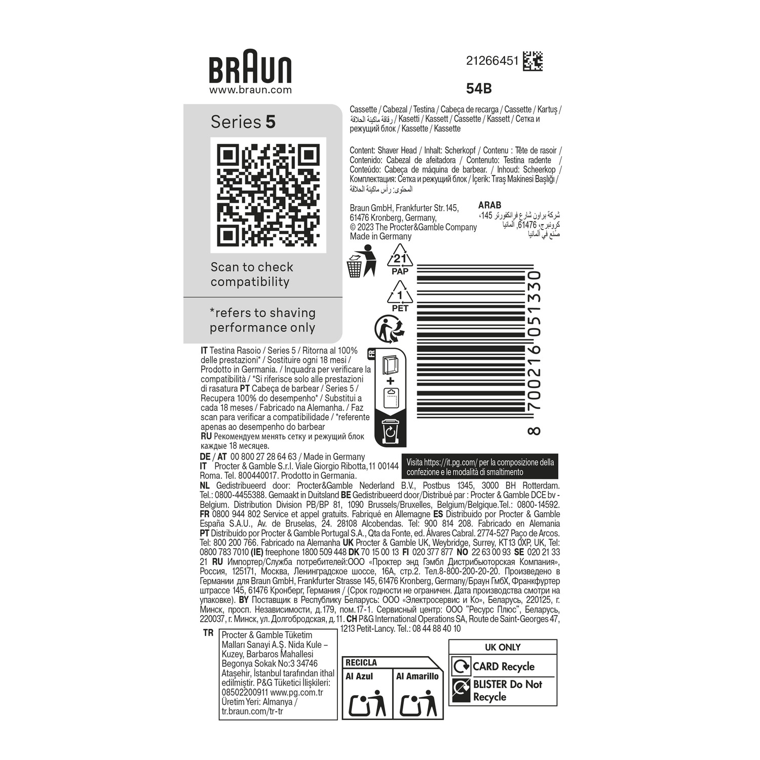 Een productdoos met Braun Series 5-merk. Bevat een QR-code, tekst en recyclingsymbolen.