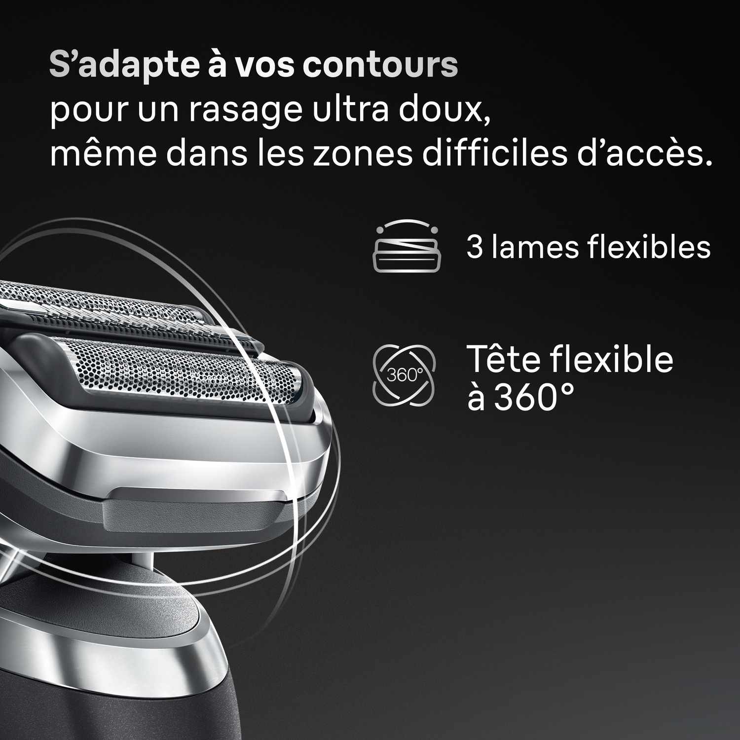 Un rasoir électrique argenté et noir avec du texte décrivant ses caractéristiques : tête flexible, 3 lames. Le fond est sombre.