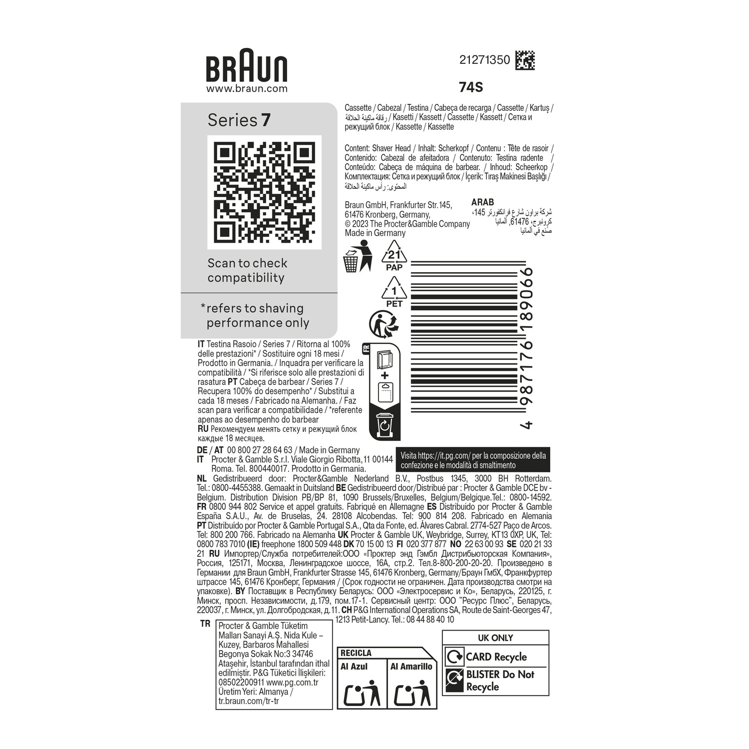 Een Braun Series 7 productdoos met tekst en een QR-code. Tekst in meerdere talen.