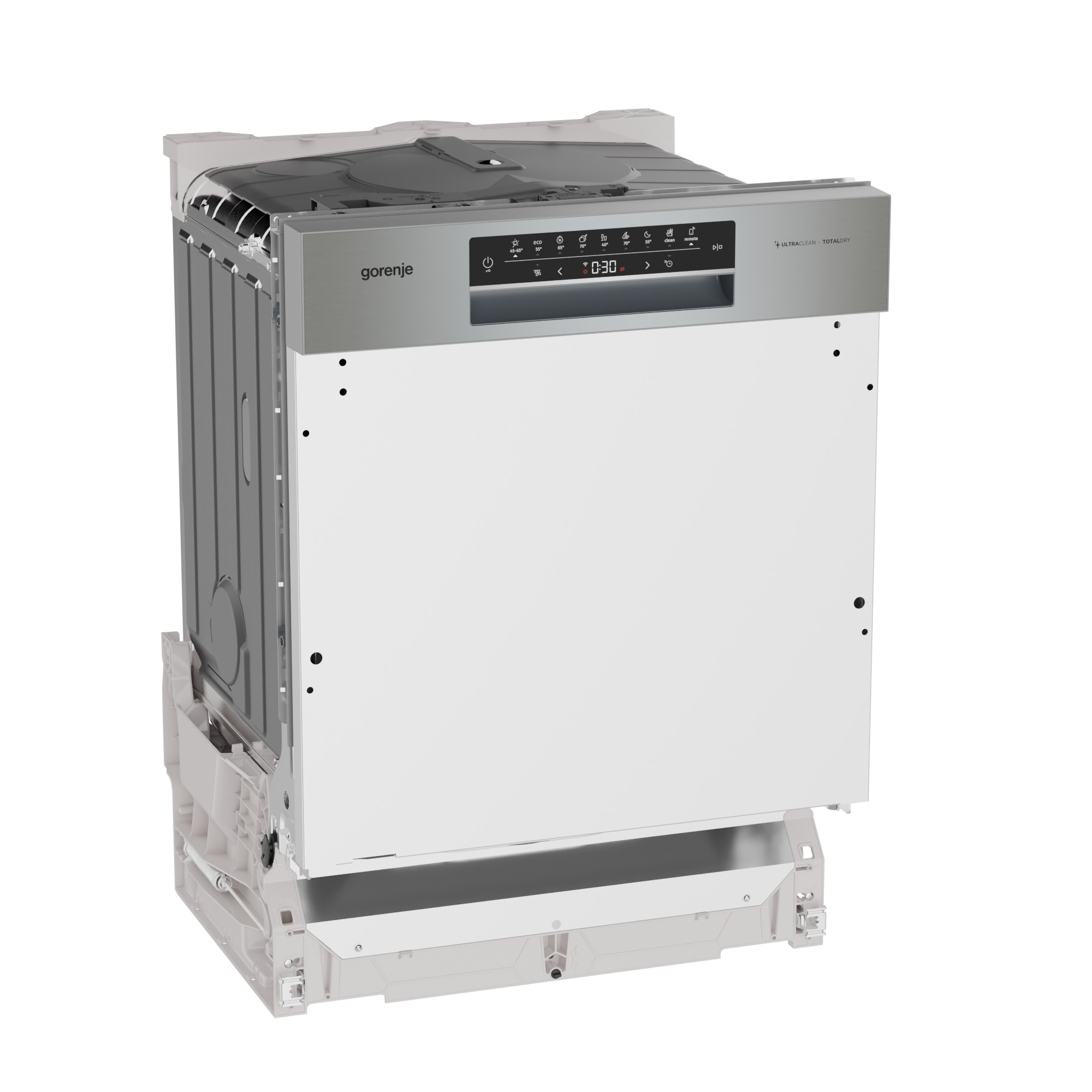 Ein Gorenje-Geschirrspüler. Silbernes Bedienfeld mit Knöpfen und Anzeige. Weiße Tür und graue Seiten. Isoliert auf Weiß.