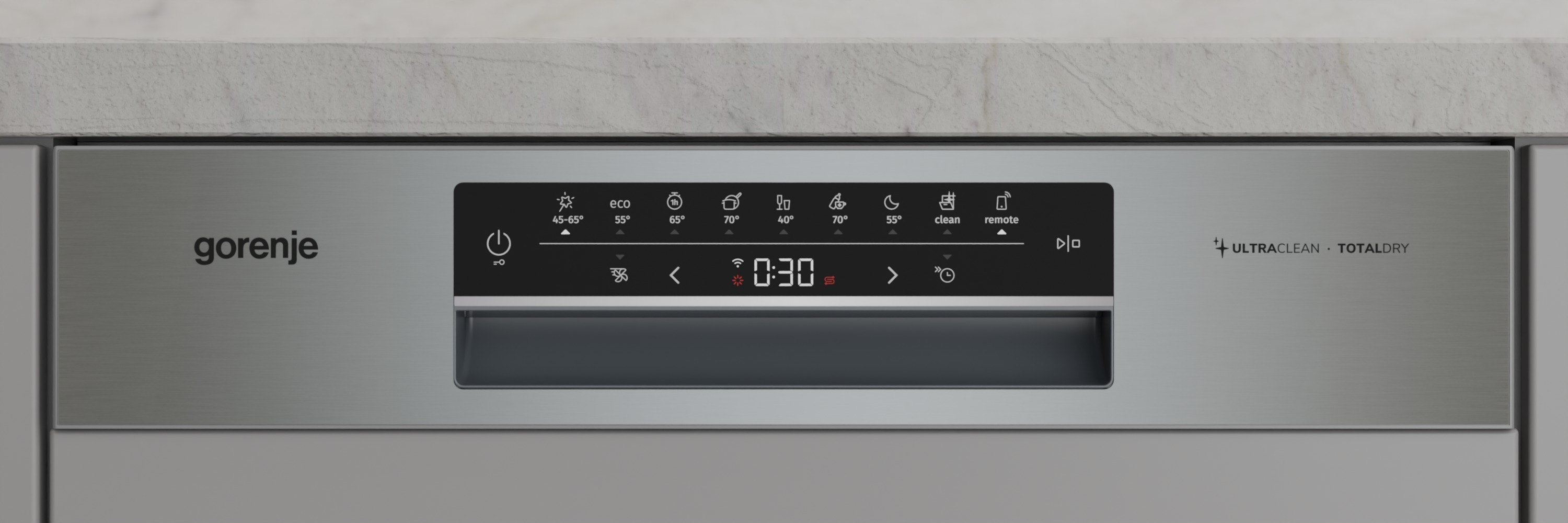 Bedienfeld eines Gorenje-Geschirrspülers. Es zeigt einen digitalen Timer sowie verschiedene Programm-Symbole und -Tasten.