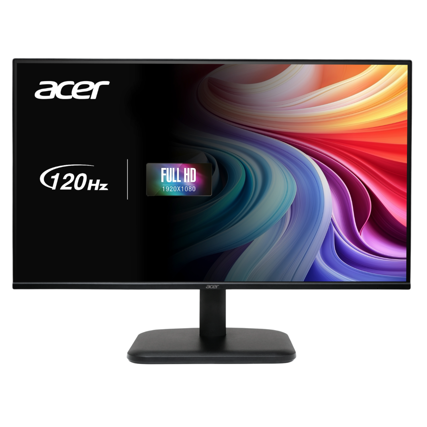 Acer monitor met een kleurrijk display. Kenmerken: 120Hz verversingssnelheid en Full HD resolutie. Zwarte standaard op een zwarte achtergrond.