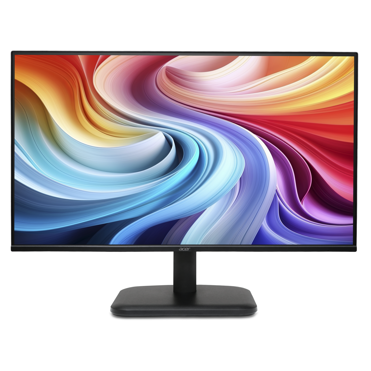 Een zwarte Acer-monitor met een kleurrijk abstract display. Hij staat op een zwarte voet tegen een witte achtergrond.