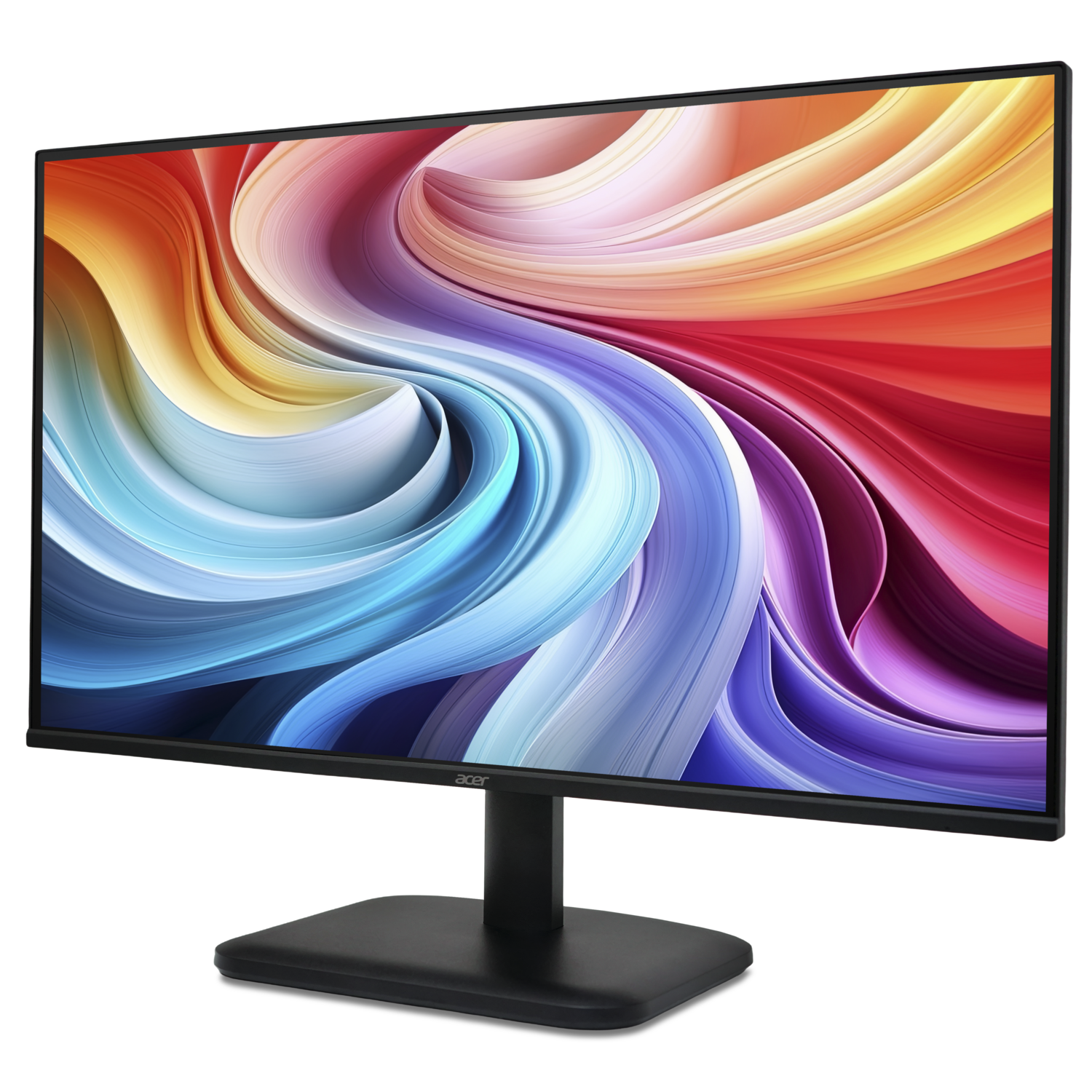 Een Acer-monitor met een kleurrijke abstracte achtergrond. De monitor is zwart en de standaard is vierkant. De achtergrond toont wervelende kleuren.