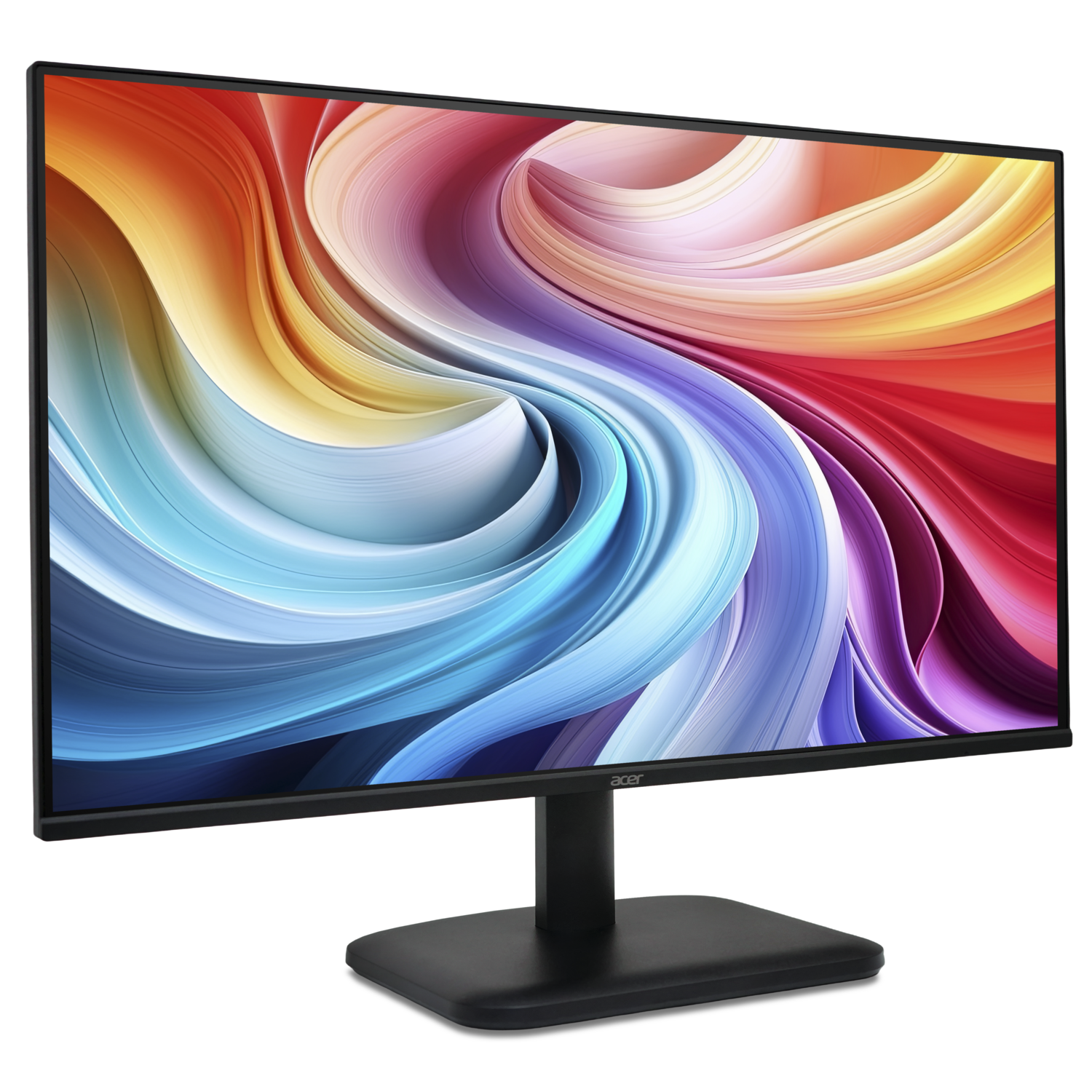 Acer monitor met een kleurrijk abstract wervelpatroon. De monitor is zwart, met een zwarte voet, tegen een witte achtergrond.