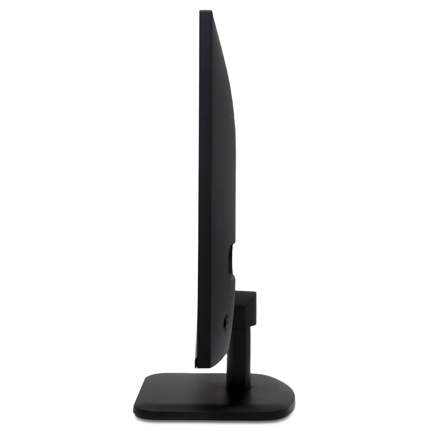 Zijaanzicht van een zwarte computermonitor. Het scherm is dun, met een standaard aan de onderkant. De achtergrond is zwart.
