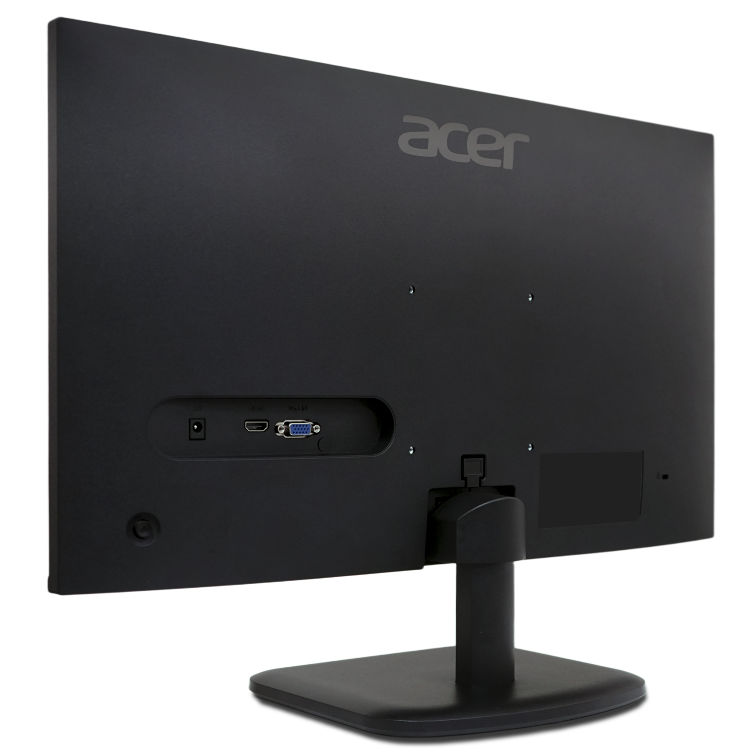Achteraanzicht van een zwarte Acer-monitor. Poorten voor voeding, HDMI en VGA zijn zichtbaar. Het Acer-logo staat bovenaan.