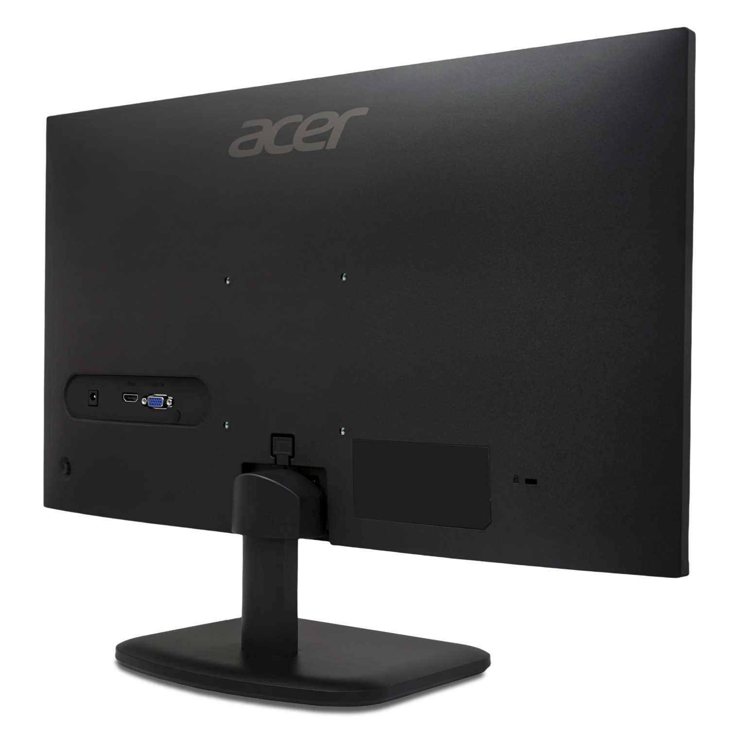 Zwarte Acer monitor achterkant. Heeft poorten voor HDMI, VGA en stroom. Acer logo bovenop. Voet onderaan.