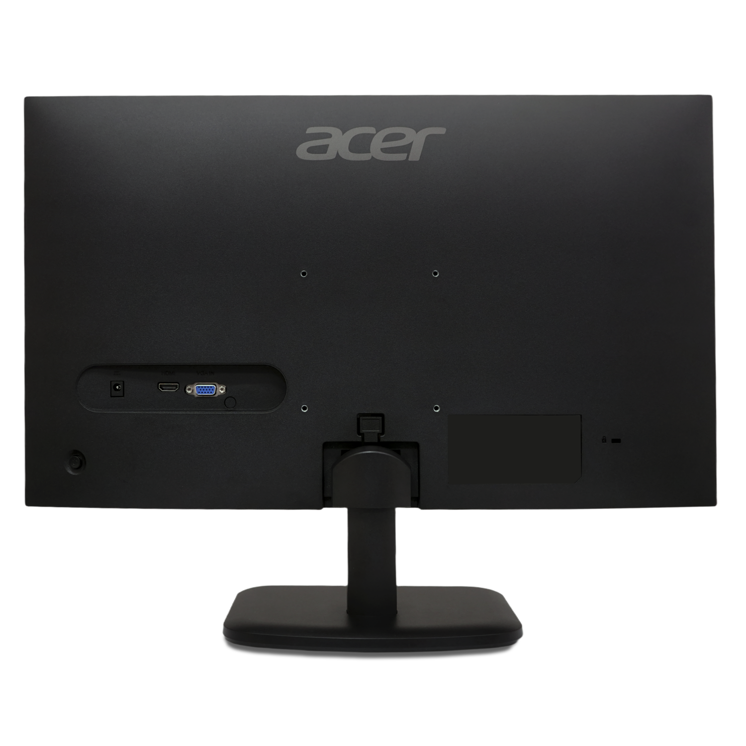 Zwarte Acer monitor achterkant. Poorten zijn stroom, HDMI, VGA. Voet en standaard zwart. Acer logo bovenaan.