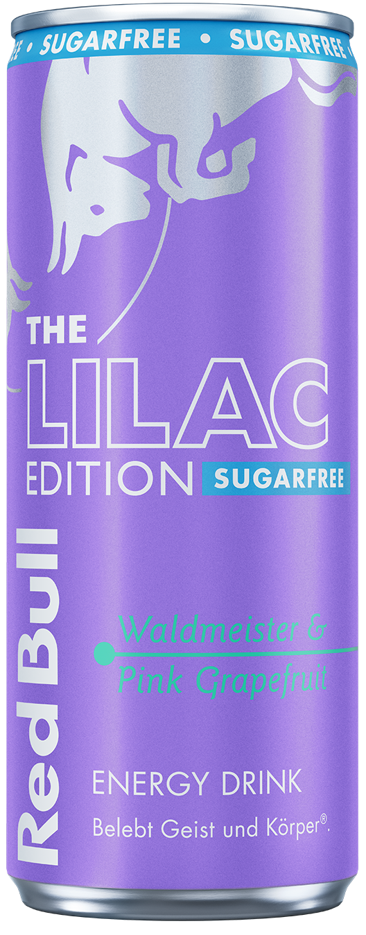 Eine Red Bull Lilac Edition Dose. Sie ist zuckerfrei und hat den Geschmack Waldmeister & Pink Grapefruit. Die Dose ist lila.
