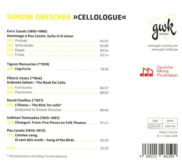 CD-Cover mit Text über Simone Drescher, einem Cello-Album, Titelliste mit Spieldauern und einem Label-Logo.