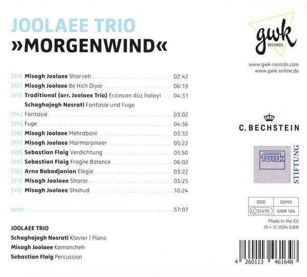 CD-Cover mit Titelliste für das Album 'Morgenwind' des Joolaee Trios. Enthält Logos und Künstler/Album-Informationen.