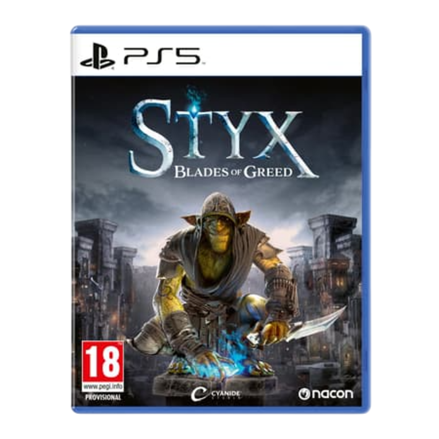 PS5 gamecover. Titel: Styx: Blades of Greed. Een goblin knielt, houdt een mes vast. Achtergrond: een stad, donkere lucht.