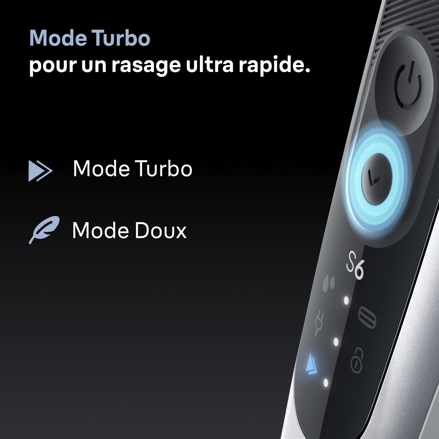 Rasoir électrique noir et argent avec boutons bleus éclairés. Le texte indique 'Mode Turbo' et 'Mode Doux'. Le rasoir affiche ses réglages.