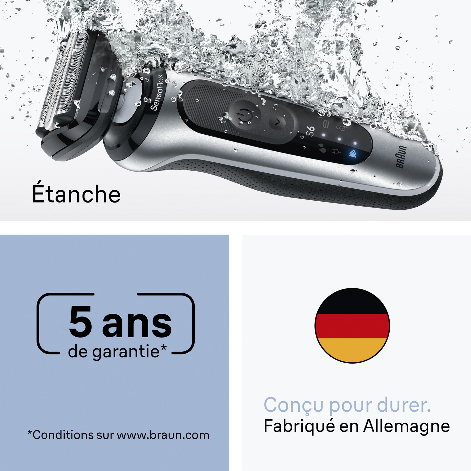 Un rasoir électrique Braun dans l'eau, avec le texte 'Étanche'. En dessous, un avis de garantie de 5 ans et le drapeau allemand.