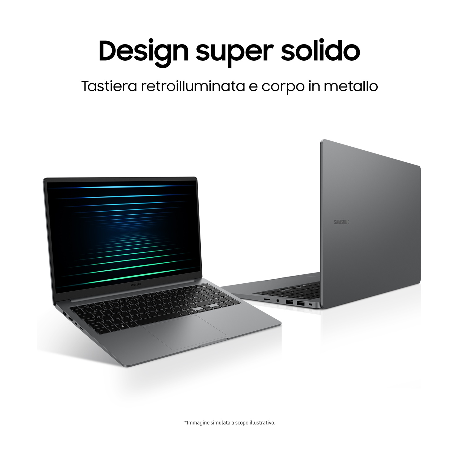 Due laptop grigi su sfondo bianco. Uno aperto, con schermo blu-verde. Testo: 'Design super solido'.