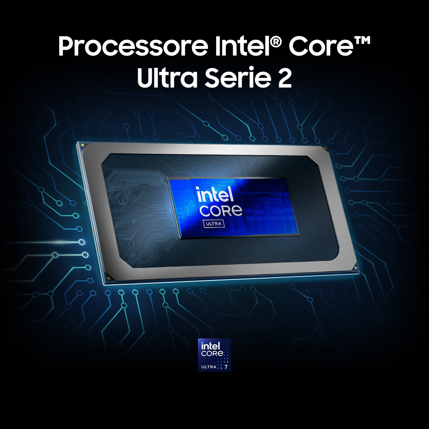 Un processore con il logo Intel Core Ultra Serie 2. È un design blu e argento, con un motivo a circuito stampato sullo sfondo.