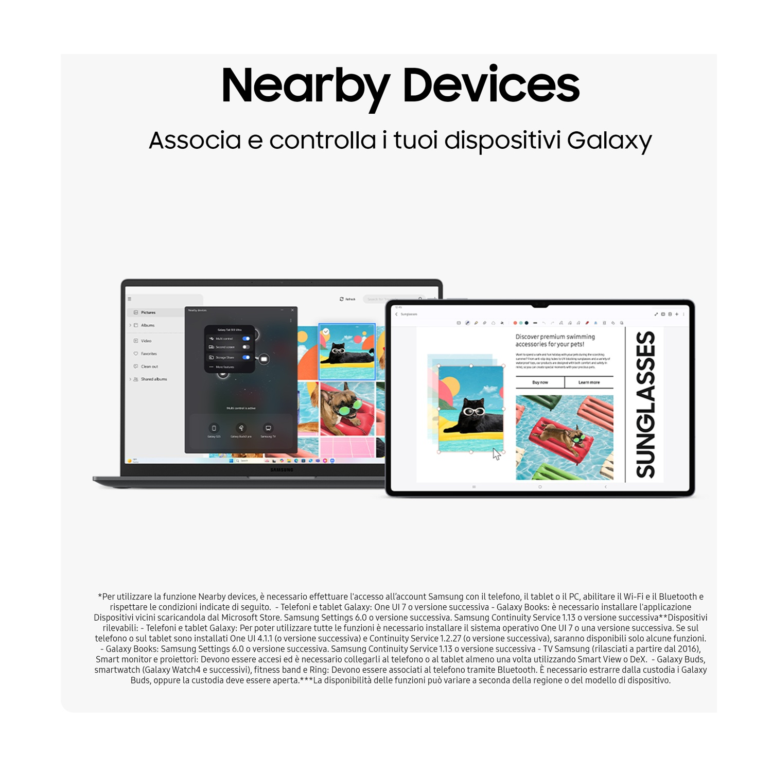 Un laptop e un tablet mostrano la funzione Dispositivi nelle vicinanze. Annuncio di occhiali da sole sul tablet. Testo in italiano.