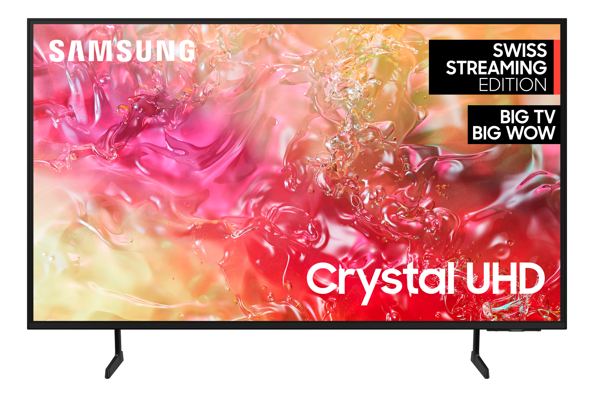 Téléviseur Samsung Crystal UHD avec un affichage abstrait coloré, Swiss Streaming Edition, Big TV Big Wow, sur un pied noir.
