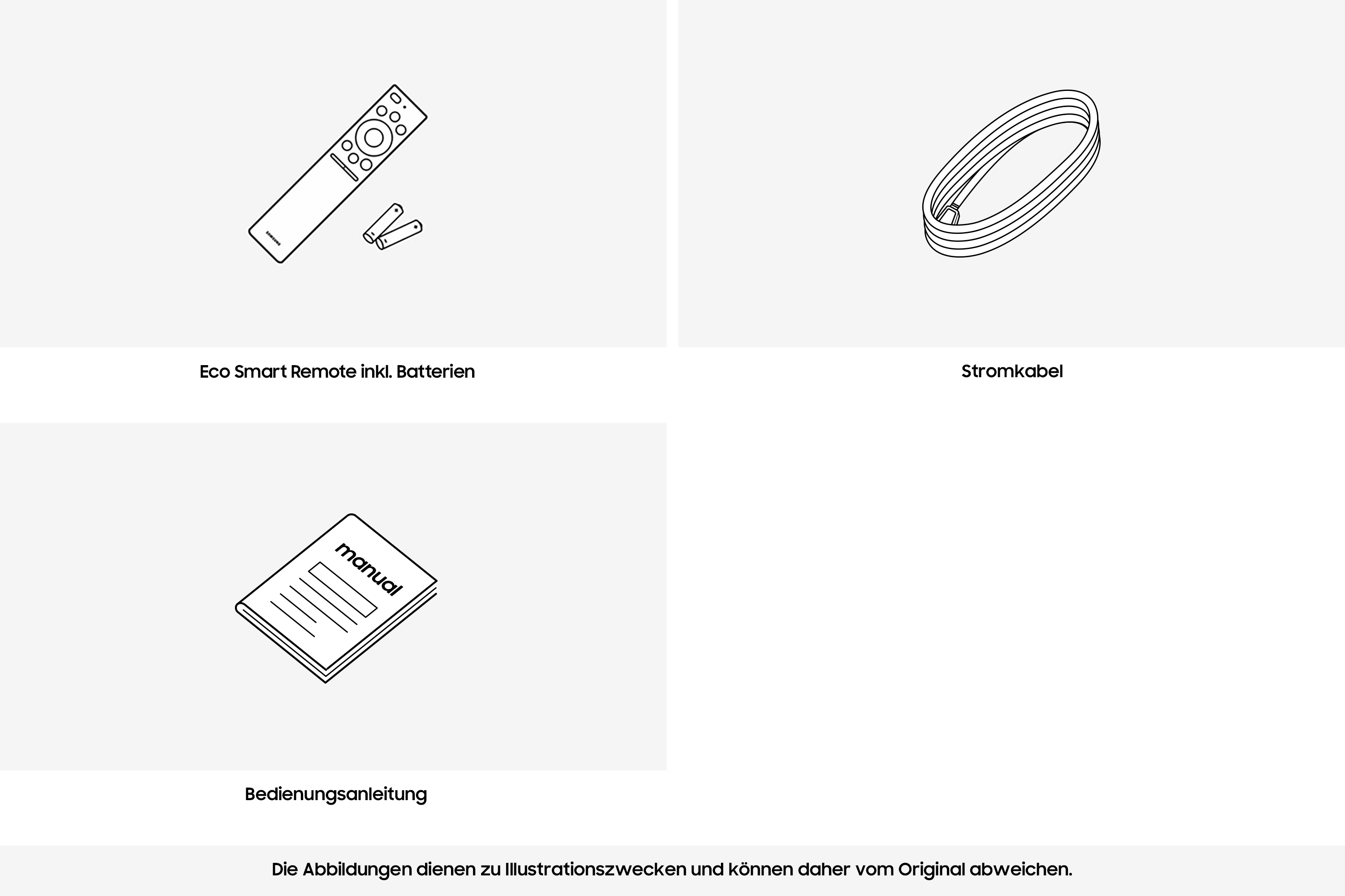 Das Bild zeigt eine Fernbedienung, Batterien, ein Netzkabel und ein Handbuch, alles als Strichzeichnungen.