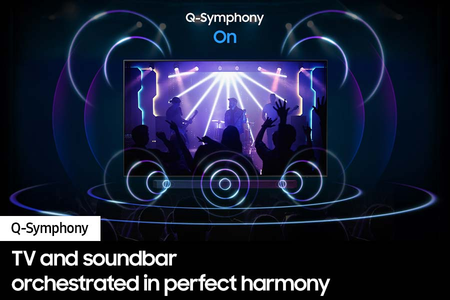 Das Bild zeigt einen Fernseher mit einer Konzertszenen, umgeben von Schallwellengrafiken, und den Text 'Q-Symphony' und 'TV und Soundbar'.