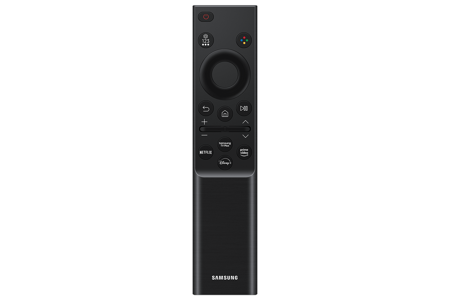 Schwarze Samsung TV-Fernbedienung. Mit Tasten für Ein/Aus, Zahlen, Richtung, Lautstärke, Kanal, Netflix, Disney+ und Prime Video.