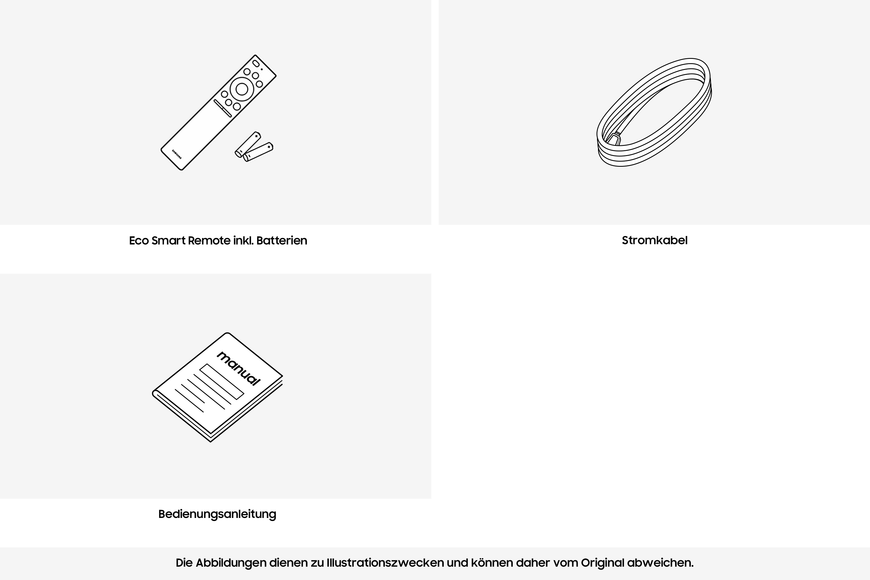 Das Bild zeigt Fernbedienung, Batterien, Netzkabel und Handbuch. Alles sind Strichzeichnungen auf hellem Hintergrund.
