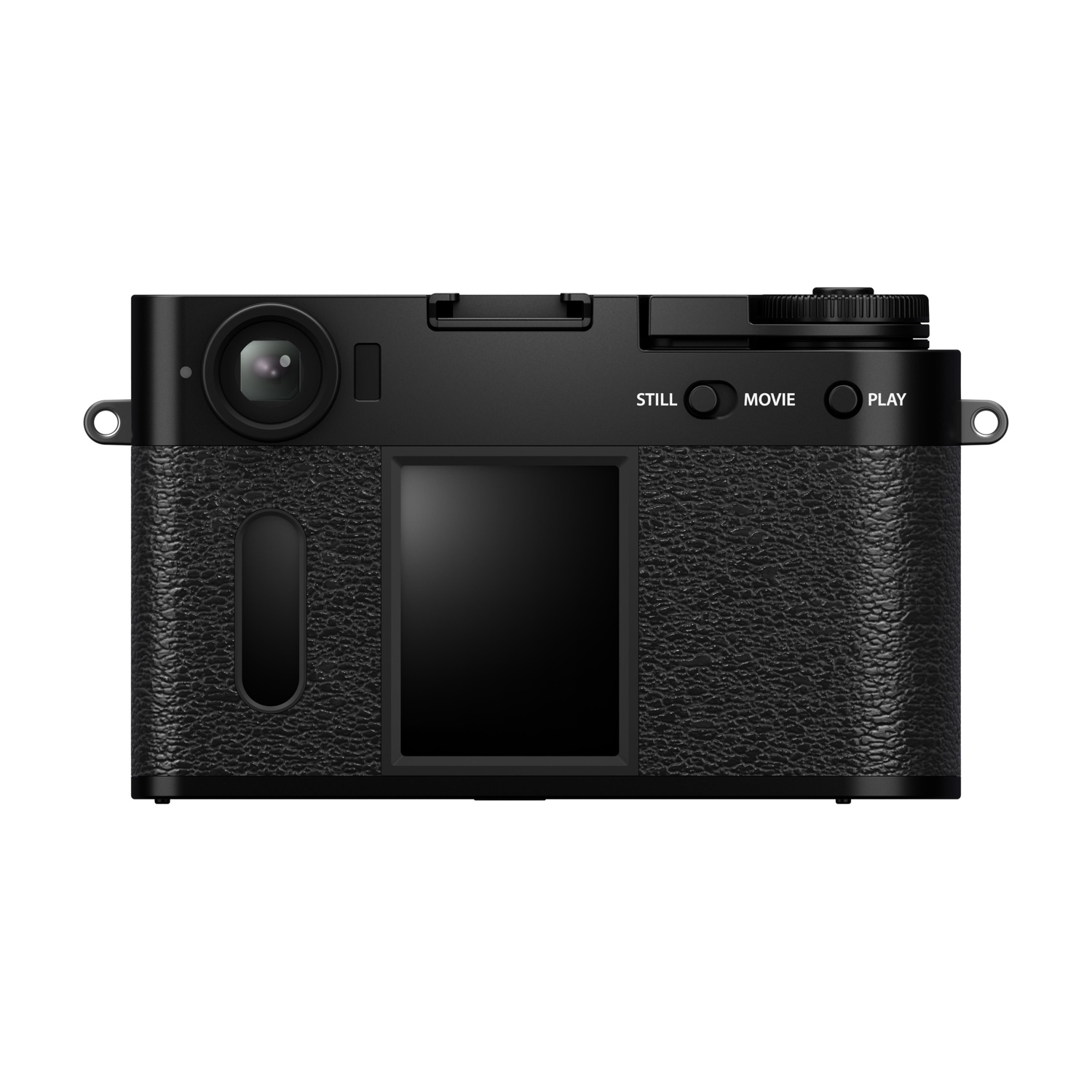 Fotocamera digitale nera su sfondo bianco. Ha un obiettivo, pulsanti, uno schermo e un'impugnatura strutturata.