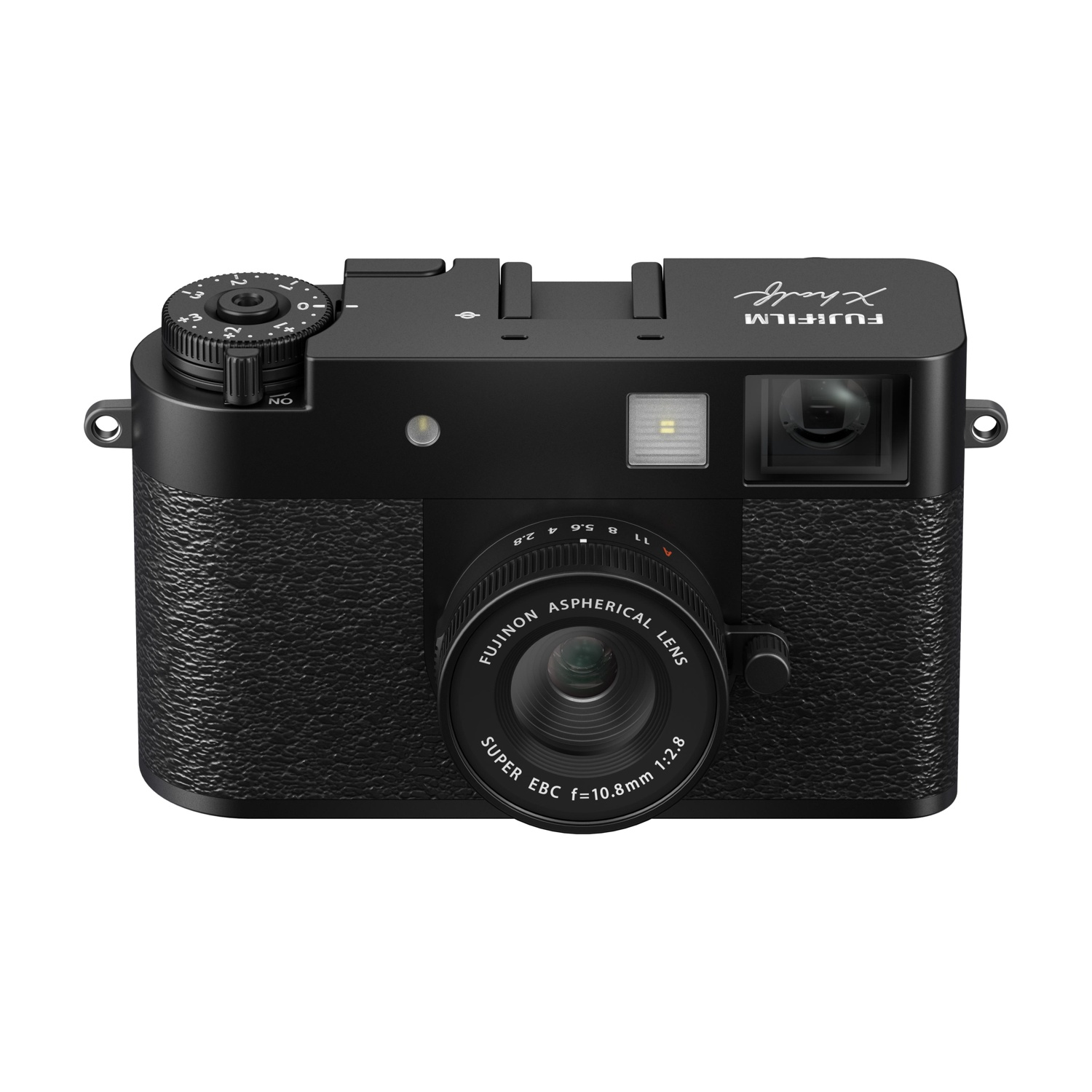 Fotocamera Fujifilm X-half nera. Caratteristiche: lente, quadranti e testo. Sfondo bianco.