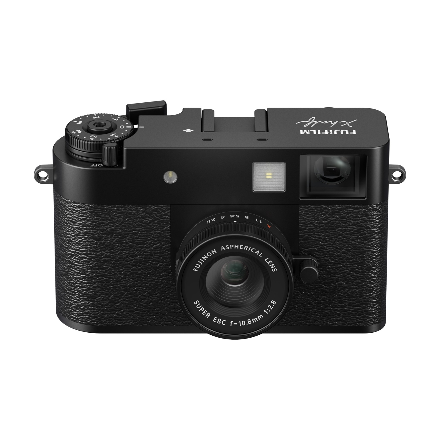 Fotocamera nera Fujifilm serie X con obiettivo e quadranti. Il testo sull'obiettivo recita 'Fujinon Aspherical Lens'. 'FUJIFILM' è scritto sopra.