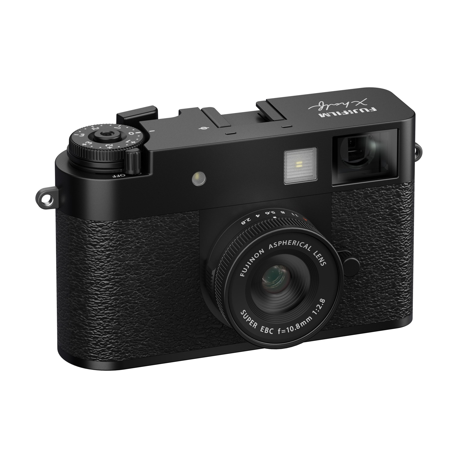 Una fotocamera Fujifilm X-half nera con obiettivo, quadranti e flash. L'obiettivo è etichettato Fujinon Super EBC. Lo sfondo è bianco.
