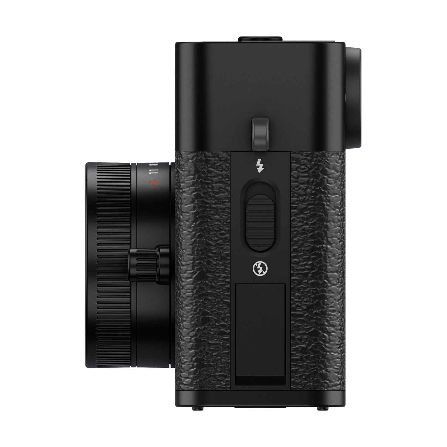 Una fotocamera nera è mostrata di profilo. L'obiettivo è a sinistra. Il corpo macchina è strutturato e presenta vari pulsanti e un simbolo di flash.