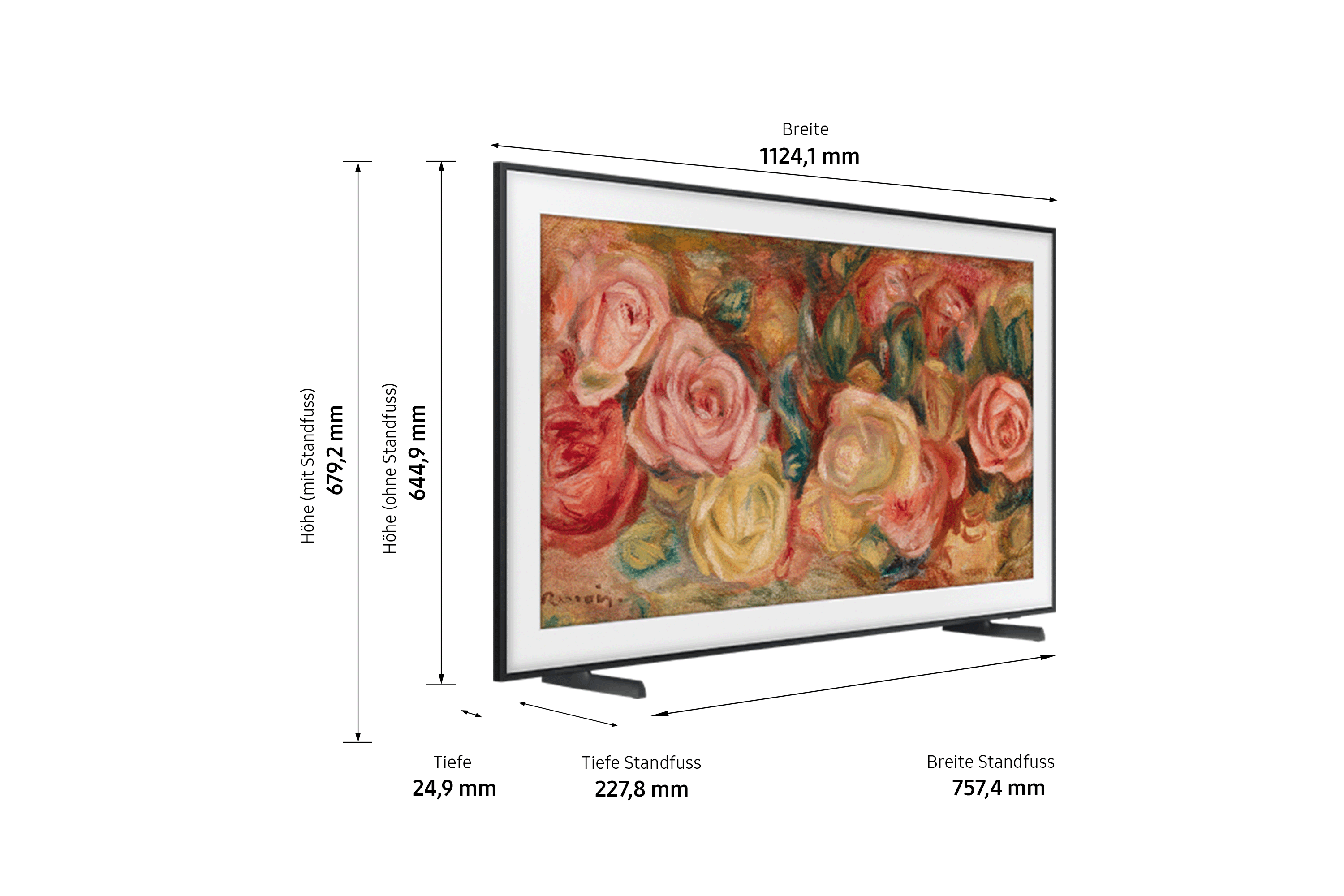 Una TV mostra un dipinto floreale. Dimensioni e misure sono etichettate. Ha una cornice nera e un supporto nero.