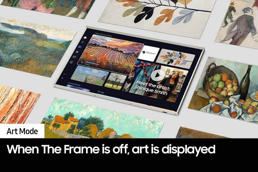 Una cornice digitale mostra opere d'arte, circondata da varie opere. Lo schermo mostra un paesaggio, un video di un artista e altre opere d'arte.