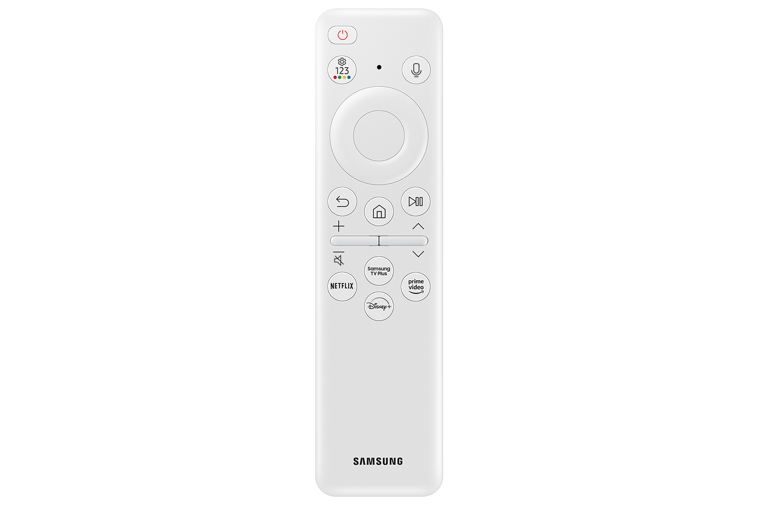 Telecomando Samsung bianco. Pulsanti accensione, volume, canali e app. Loghi Netflix, Disney+ e Prime Video.