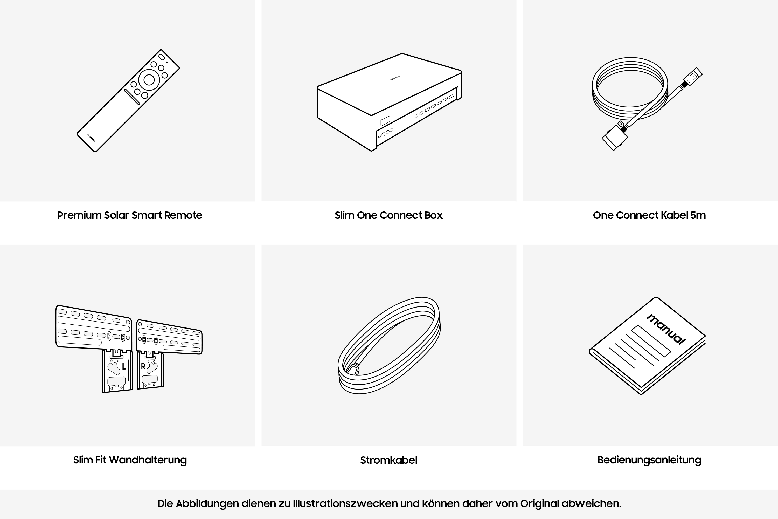L'immagine mostra sei disegni al tratto in bianco e nero di accessori per TV Samsung su sfondo bianco.
