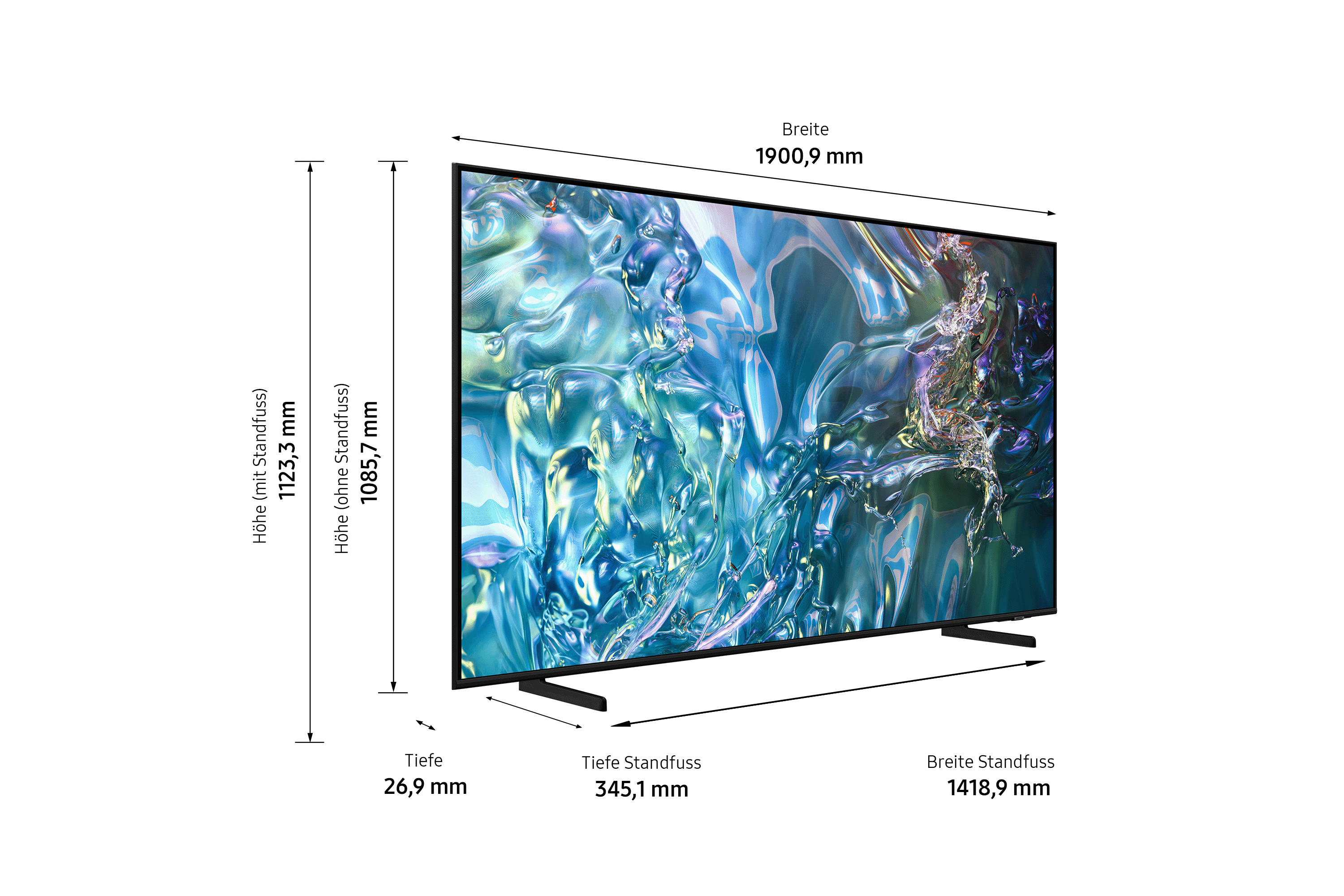 Großer Fernseher mit blauem, abstraktem Display. Abmessungen sind angegeben. Der Fernseher steht auf zwei schwarzen Füßen.