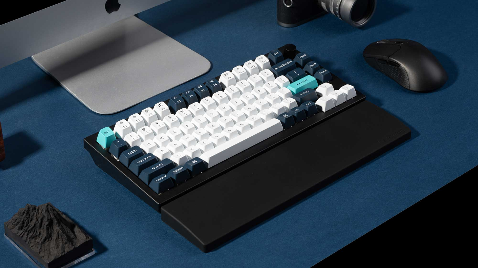 Una tastiera con tasti blu e bianchi, un poggiapolsi nero e un mouse nero sono su una superficie blu, con un tappetino grigio.