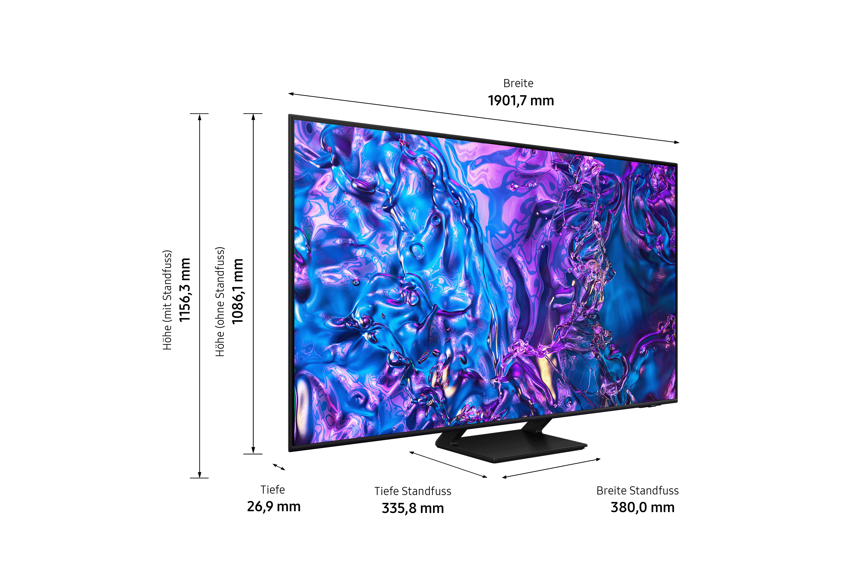 Grande TV con motivo a spirale blu e viola sullo schermo. Dimensioni in millimetri.
