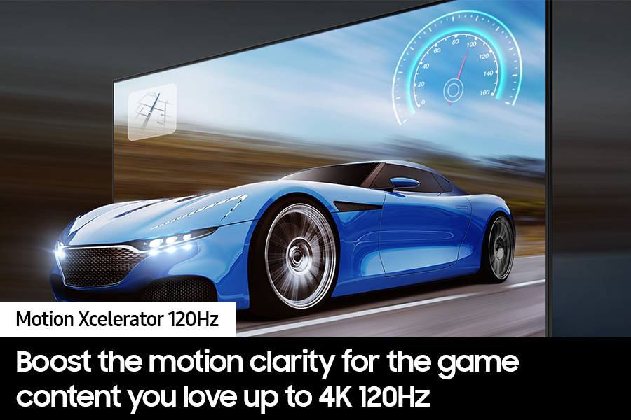Auto sportiva blu su schermo, tachimetro visibile. Testo: 'Motion Xcelerator 120Hz'. Migliora la nitidezza del movimento fino a 4K 120Hz.