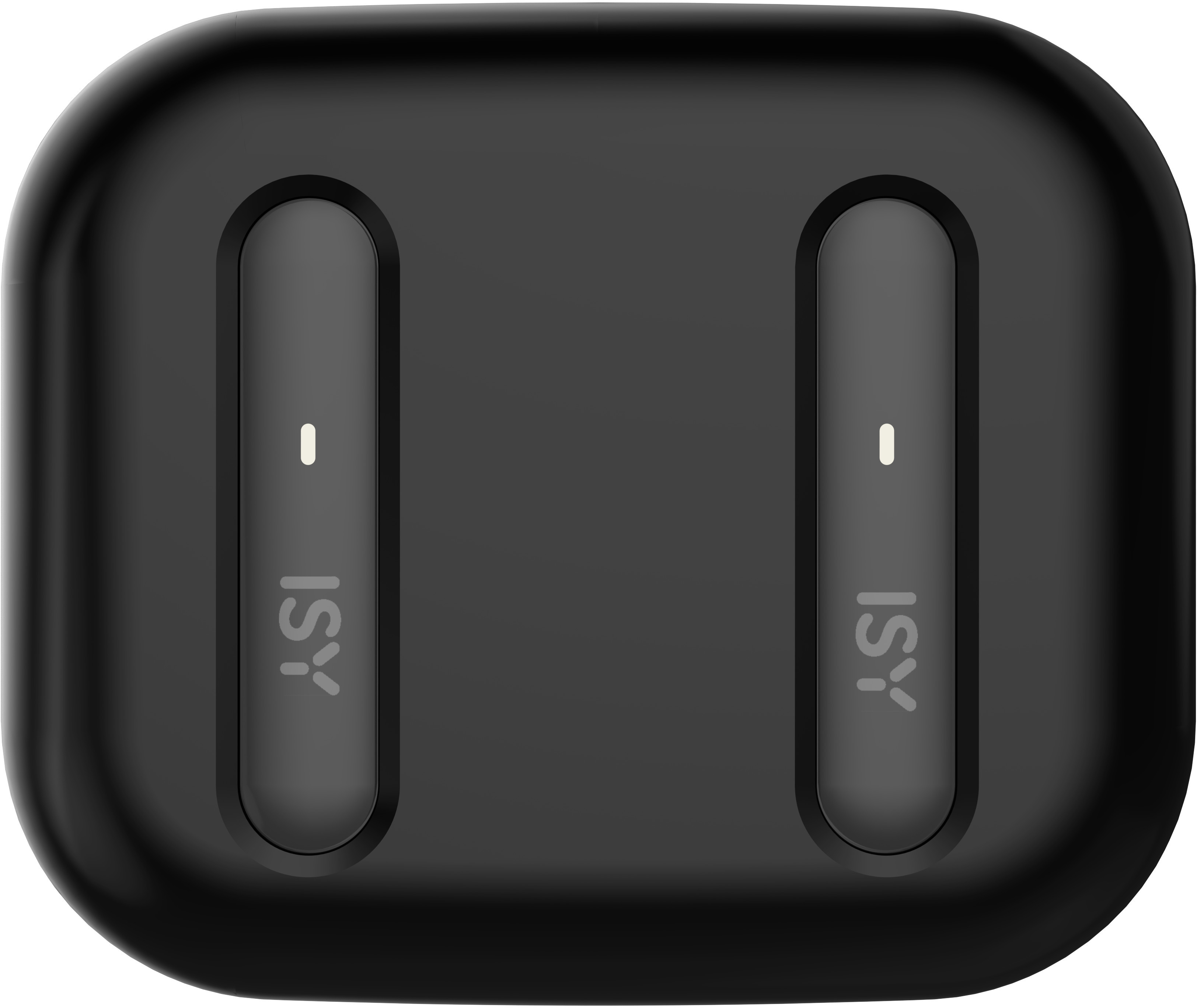 Czarne etui ładujące z dwoma pionowymi szarymi prostokątami. Każdy ma białe światło i litery 'ISY'.