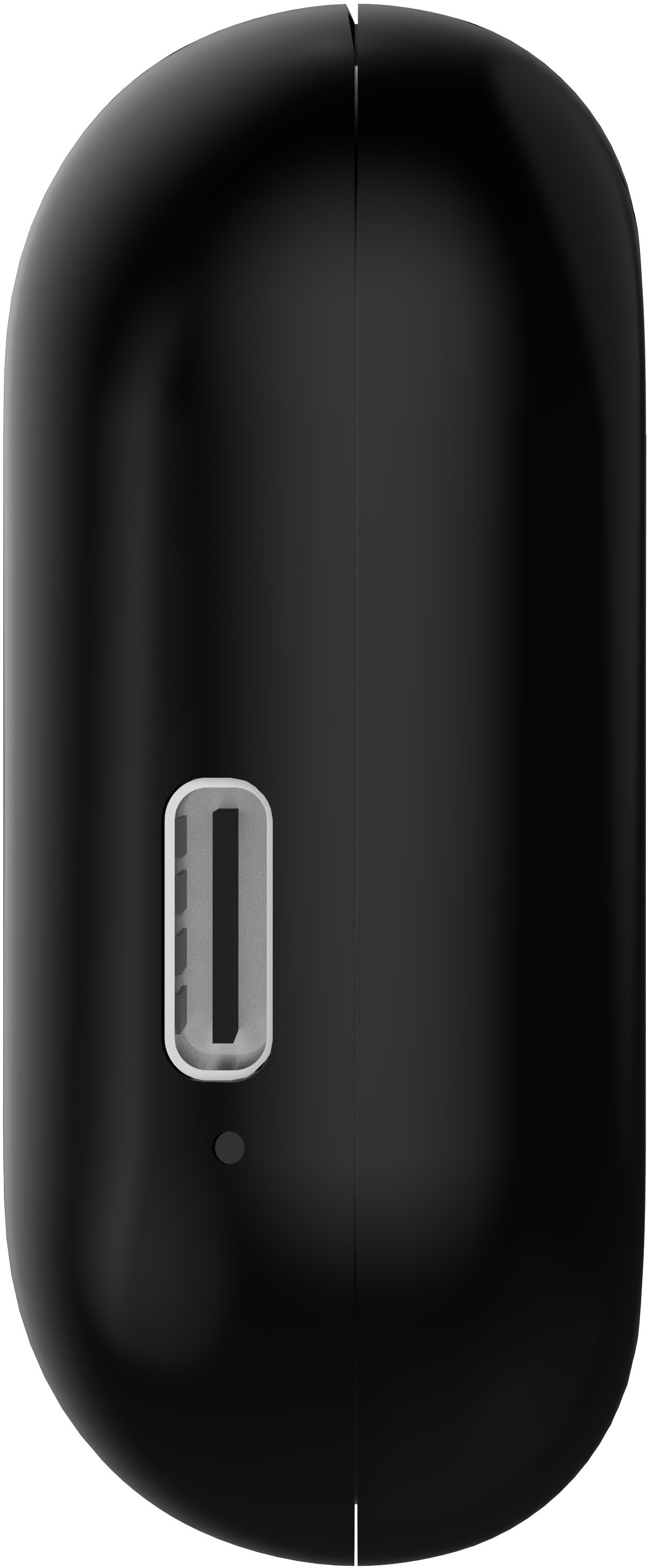 Czarne, zaokrąglone urządzenie z portem USB-C i małą kropką poniżej, podzielone pionową linią.